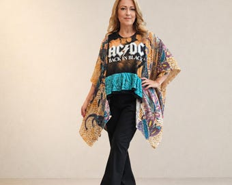 Maglietta ACDC riciclata, poncho, abbigliamento da festival fatto a mano, camicetta oversize