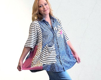 Tunica a trapezio in stile boho patchwork, realizzata con materiali riciclati, camicia oversize taglie forti