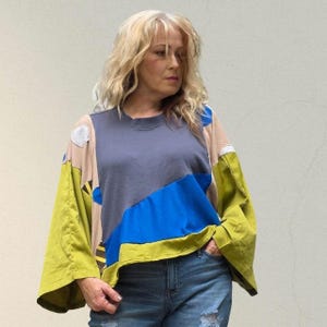Upcycled Boho Patchwork Top: Oversized Color Block Pullover