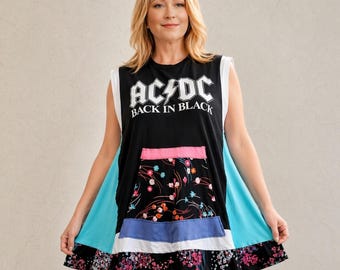 ACDC Upcycled XL 1X Tunic, Back in Black A-Line Graphic Band Tee Reworked Concert Edgy Band T-Shirt Music Festival Wear