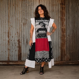 Upcycled Eminem Patchwork Dress Boho Rap Band Tee Maxi Slim Shady 1X 2X 3X