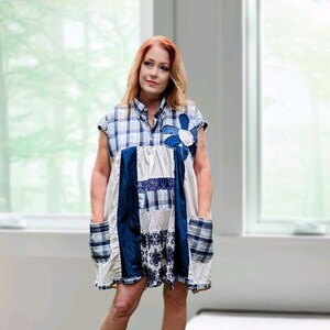 Plus Sz Tunic Dress, Upcycled Plaid 2X, Sleeveless Shirtdress, Rustic Boho Style, Blue Denim Daisy, Hippie Womens Clothing, UnAverageRags