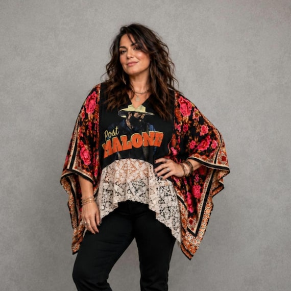 Upcycled Post Malone Band Tee Kimono Tunic: Roses, Lace, Festival Style Poncho