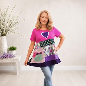 Tunica a cuore riciclata con patchwork e tasche, stile cottagecore lagenlook, top fatto a mano, taglia M-L da donna.