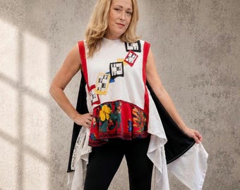 Gilet da rock star riciclato, top patchwork boho, spolverino stile lagenlook, abbigliamento da festival, gilet da indossare a strati