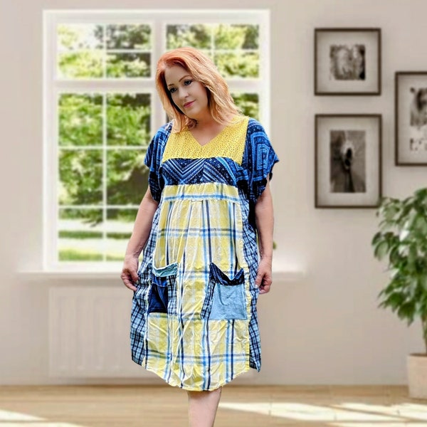 Blue and Yellow Dress, Women Plus Size 2X, Plaid Boho Hippie, Upcycled Shirtdress, Summer Shift Frock, Oversized with Pockets, UnAverageRags