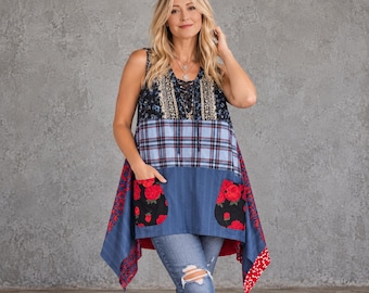 Patchwork tuniek met zakken, plus size, boho, asymmetrische lagenlook top, dames medium large, gelaagde kleding