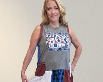 Lone Star A-Line Large XL Texas Patchwork Tunic, Upcycled Graphic Tee, Lagenlook Babydoll, Flowy Boho Shirt, Americana Style