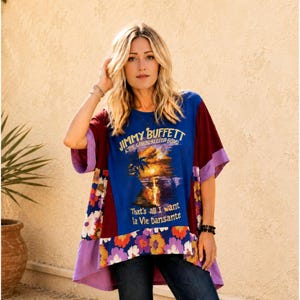 Camiseta de Jimmy Buffett Band, tallas 2X y 1X, túnica reciclada, estilo bohemio costero, ideal para festivales, estilo retro hippie.