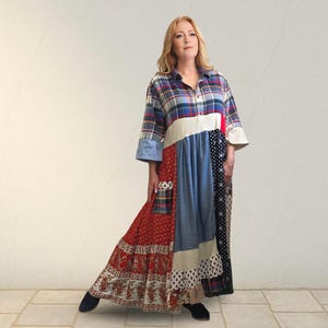 Upcycling Patchwork Kleid, 2X Boho Maxi, Plus Size Damen Lagenlook