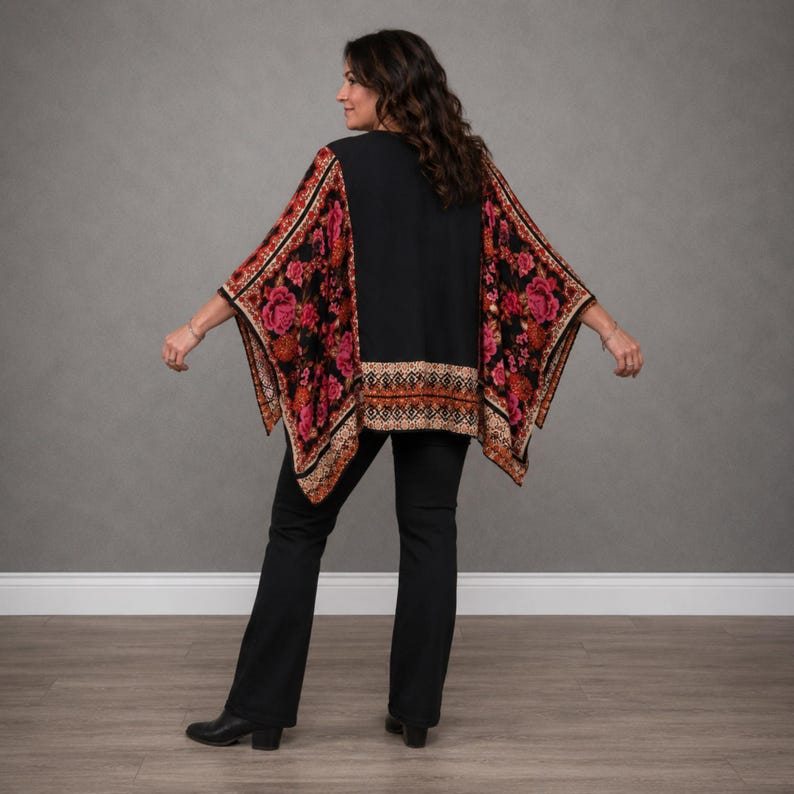 Upcycled Post Malone Band Tee Kimono Tunic: Roses, Lace, Festival Style Poncho image 2