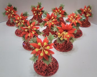 VTG Christmas Glittery Red Bells with Poinsettia Ornaments
