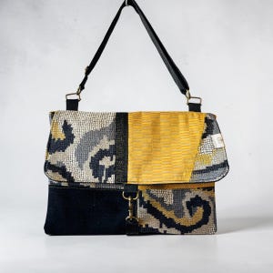 Patched satchel, handmade, repurposed materials, zero-waste yellow