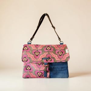 Patched satchel, handmade, repurposed materials, zero-waste pink flowers