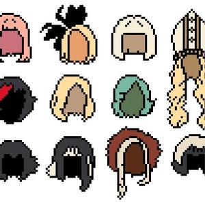 May include: A set of 12 pixel art hair styles in various colors and styles. The hair styles are in a grid format and are all facing forward.