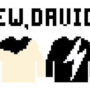 May include: Two pixel art sweaters, one with a black heart design and the other with a white lightning bolt design. The text "EW, DAVID" is above the sweaters.
