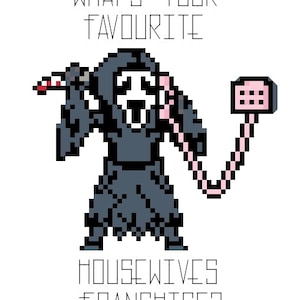 May include: A pixelated illustration of a figure in a black hooded robe holding a knife and a pink phone with the text "What's your favourite housewives franchise?"