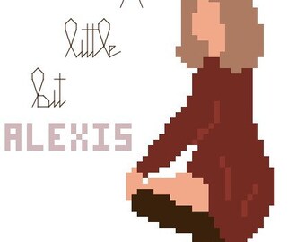 May include: A pixel art illustration of a woman with brown hair wearing a red dress. The text "A Little But Alexis" is written in black above the woman.