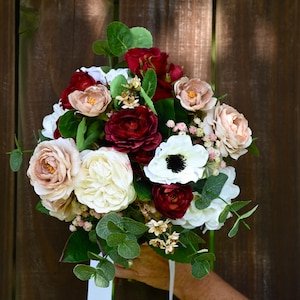 Burgundy & Ivory White Rose and Eucalyptus Wedding Bouquet, Burgundy Wedding Flower, Burgundy Silk Flower Wedding, Bridal Bridesmaid Bouquet