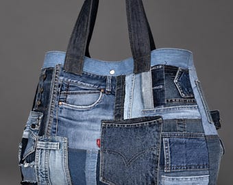 Oversized Denim Shoulder Tote. Handmade Carryall Bag for Travel, Work & Shopping