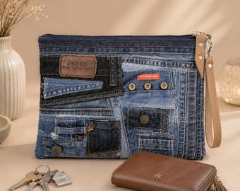 Upcycled Denim Patchwork Clutch with Wrist Strap, Recycled Jeans Handbag