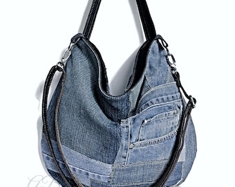 Patchwork-Denim-Einkaufstasche: Recycelte Jeanstasche mit verstellbarem Riemen