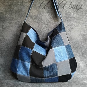 Bolso bandolera de jeans reciclados / Monedero grande de mezclilla para mujer / Bolso de mano de jeans reciclados / Bolso de hombro de mezclilla único / Bolso casual de uso diario