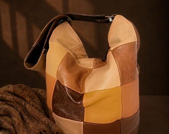 Handgefertigte Leder Umhängetasche: Weiche Schultertasche Patchwork