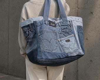 Oversized Upcycled Denim Tote Bag. Handmade Everyday, Shopping & Travel Carryall