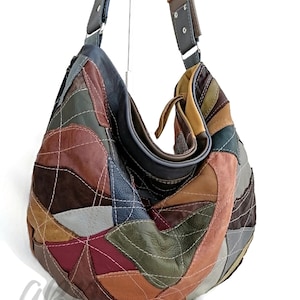 Große Weiche Leder Hobo Bag, Handgefertigte Slouchy Schulter Geldbörse für Frauen, Patchwork Leder Handtasche, Lässige Alltag Tote, Einzigartige Boho Geldbörse
