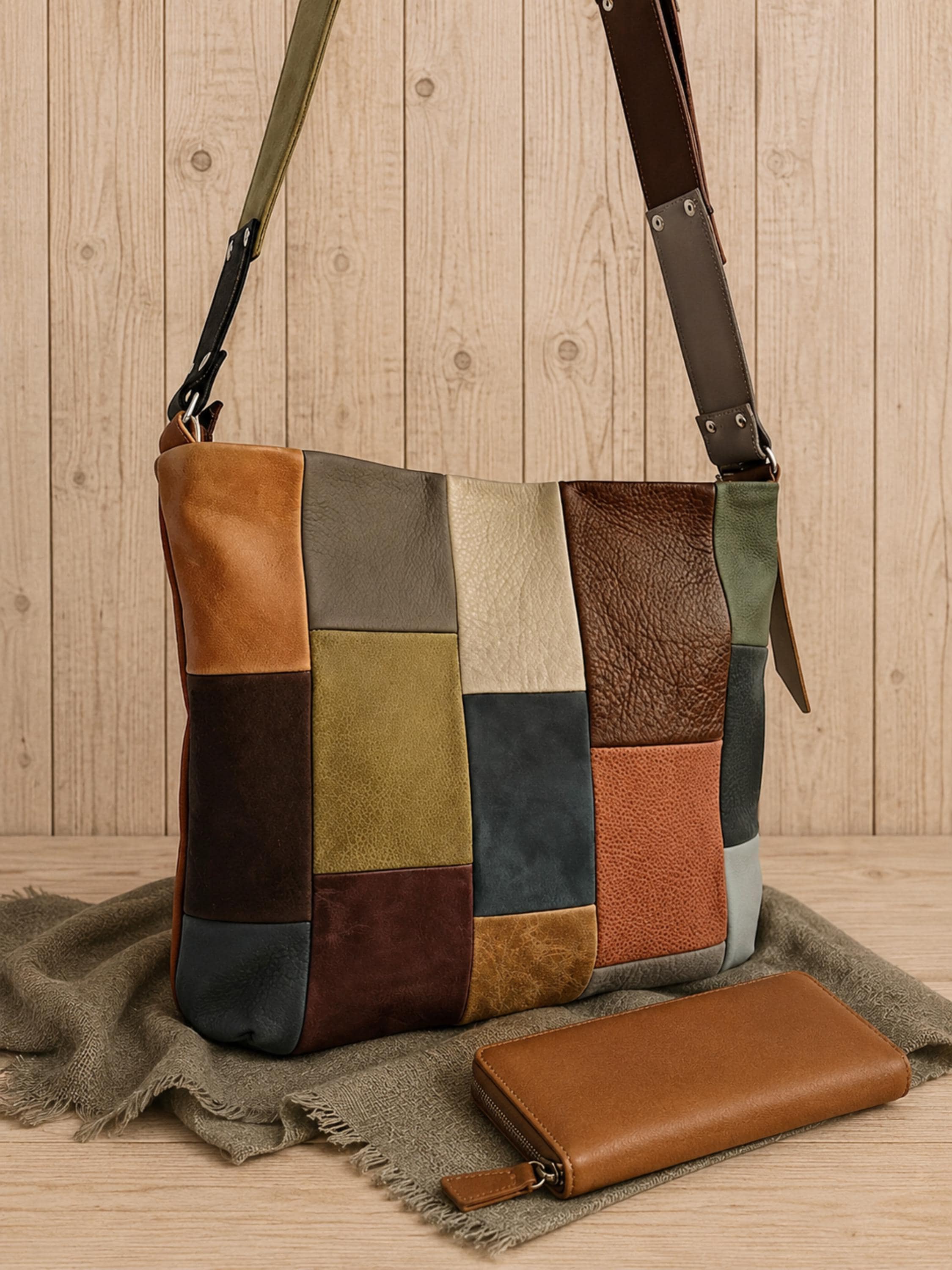 Leather Crossbody Bag in Patchwork, Handmade Purse in Neutral