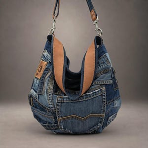 May include: A hobo-style shoulder bag constructed from various shades of blue denim fabric patches. The bag features a tan leather strap attached with silver-toned metal clips, visible exterior denim pockets, and a rectangular tan leather brand label.