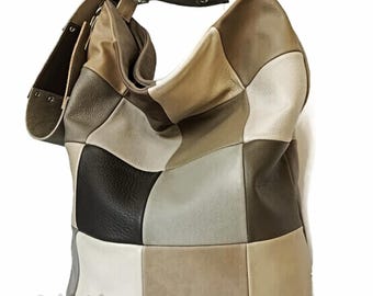 Large patchwork leather hobo bag, Soft slouchy shoulder tote, Everyday leather boho zipper purse