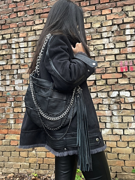 Leather Handbag Black Leather Purse Leather Shouler Bag 