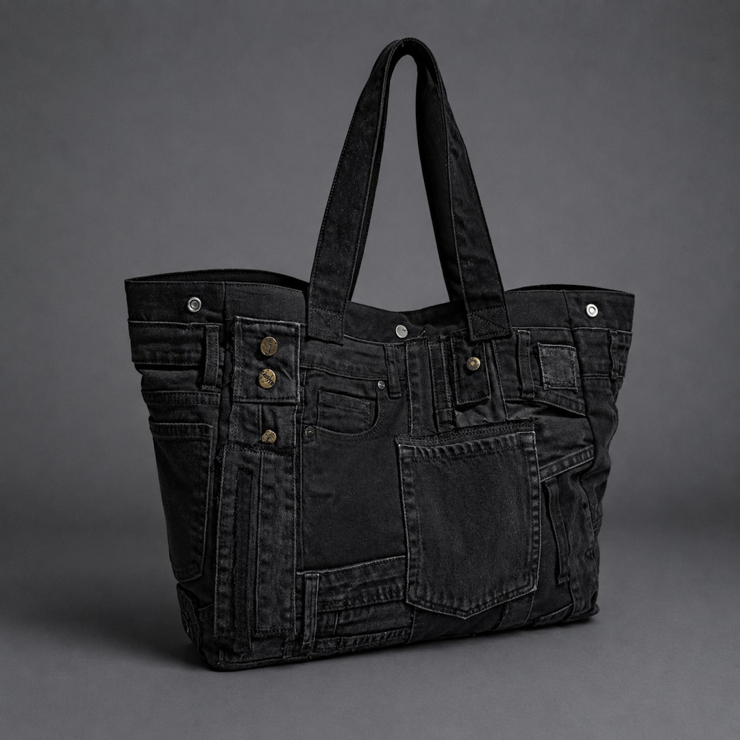 バッグ Slouch Denim Bag Black Black Denim Tote, Upcycled Jeans Shoulder Bag. Large Everyday