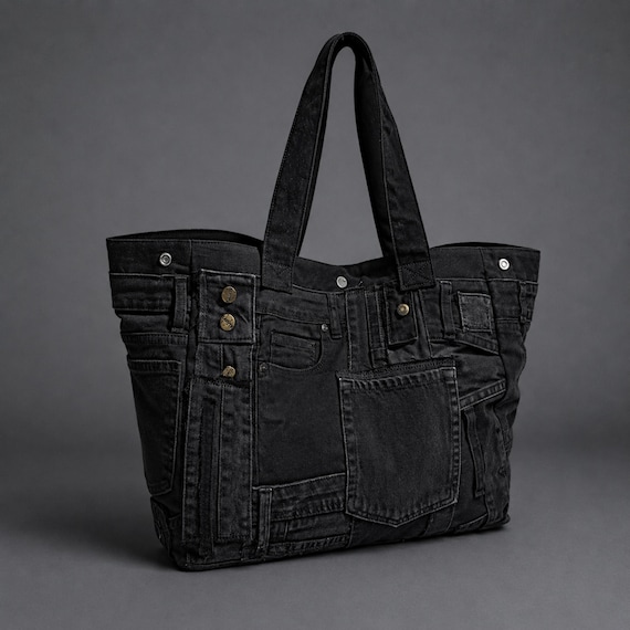 Black Denim Tote, Upcycled Jeans Shoulder Bag. Large Everyday