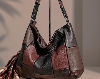Patchwork Leather Hobo Bag, Earth Tone Slouchy Shoulder Tote
