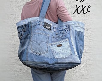 Borsa tote oversize in denim riciclato: borsa da weekend in jeans extra large - Italia