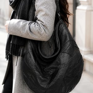 Large Black Leather Hobo Bag, Handmade Patchwork Tote