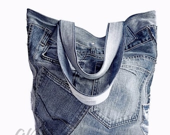 Large Recycled Denim Tote Everyday Bag, Upcycled Jeans Handbag for Work, Laptop, Beach, Shopping