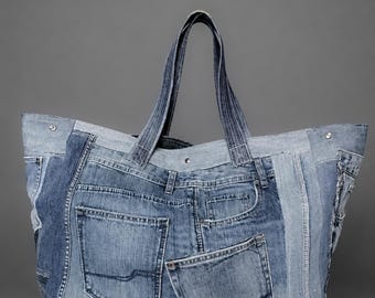 Oversized upcycled denim tote bag, Recycled  jeans bag for shopping, beach, travel or gym