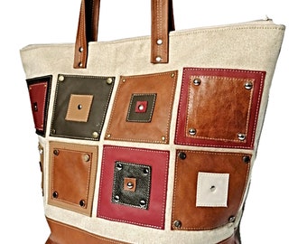 Large leather bag, Leather tote bag, Leather tote zipper, Leather tote handbag, Canvas leather tote, Leather handles bag Shopping canvas bag