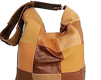 Bolso hobo de piel patchwork: bolso de hombro holgado hecho a mano