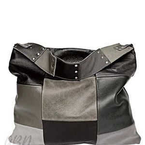 Handgemaakte zwart-grijze leren hobotas: zachte, slordige schoudertas
