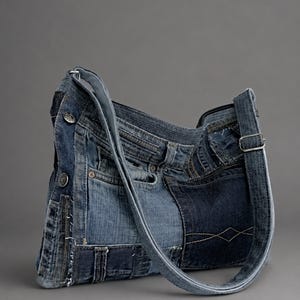 Handgefertigte Umhängetasche aus Denim für den Alltag. Schultertasche mit Jeans-Patchwork.