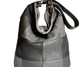 Bolso hobo de piel gris con retazos: bolso de hombro hecho a mano.