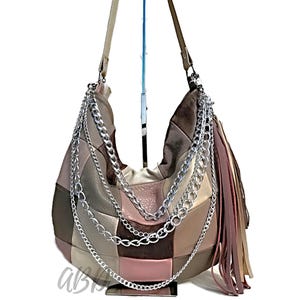 Leder Hobo Bag, Pink & Beige und Braun Geldbörse, Slouchy Schultertasche mit abnehmbarer Kette und Quasten, große schicke Handtasche für Frauen