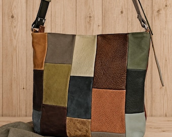 Leather Crossbody Bag in Patchwork, Handmade Purse in Neutral