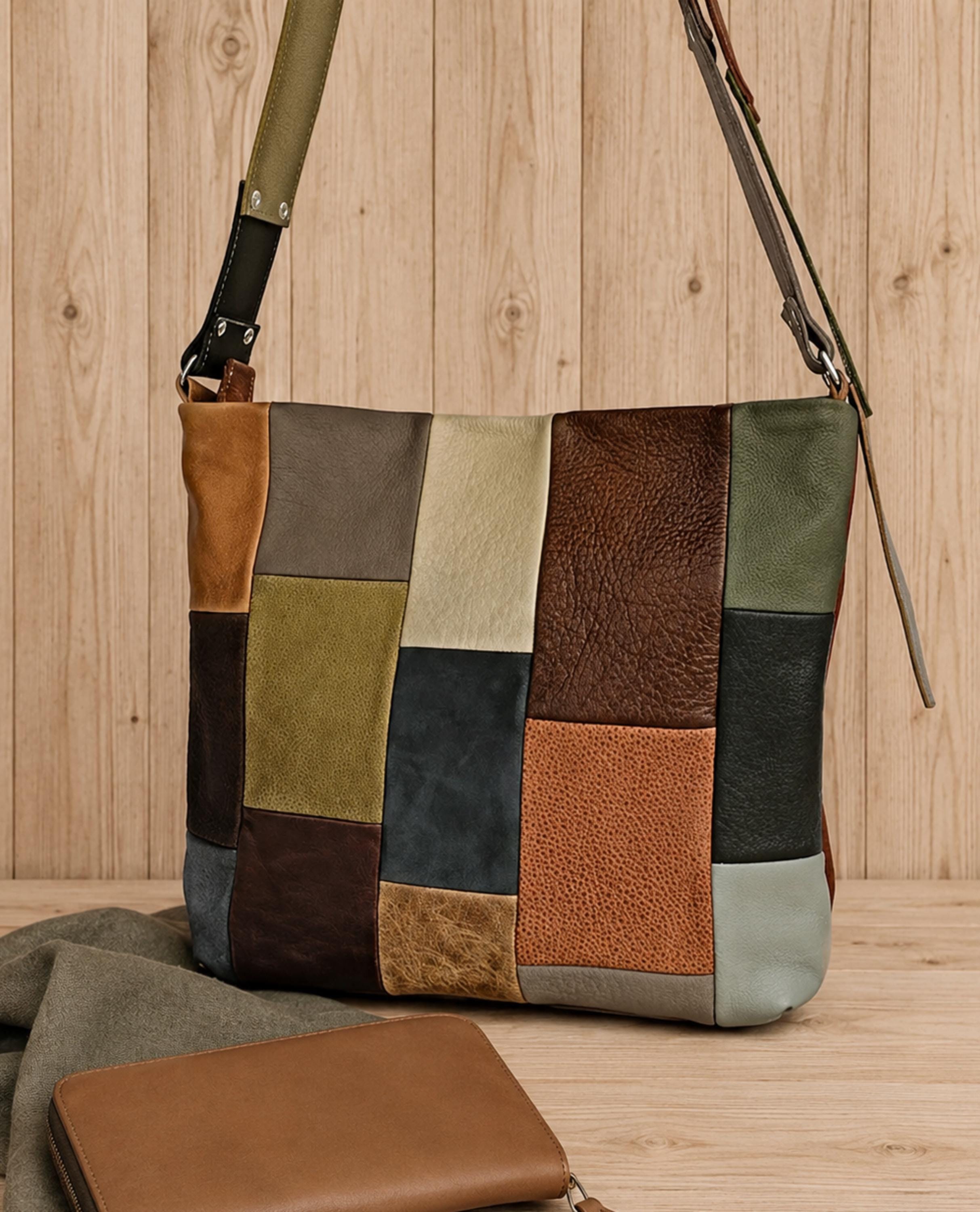 Leather Crossbody Bag in Patchwork, Handmade Purse in Neutral