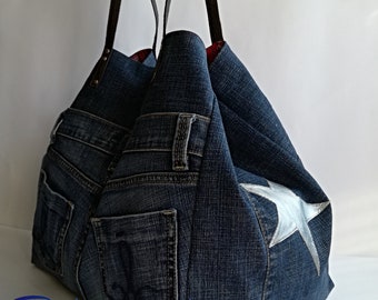 Recycled Denim Bag, Large jeans tote with stars, Shoulder handbag